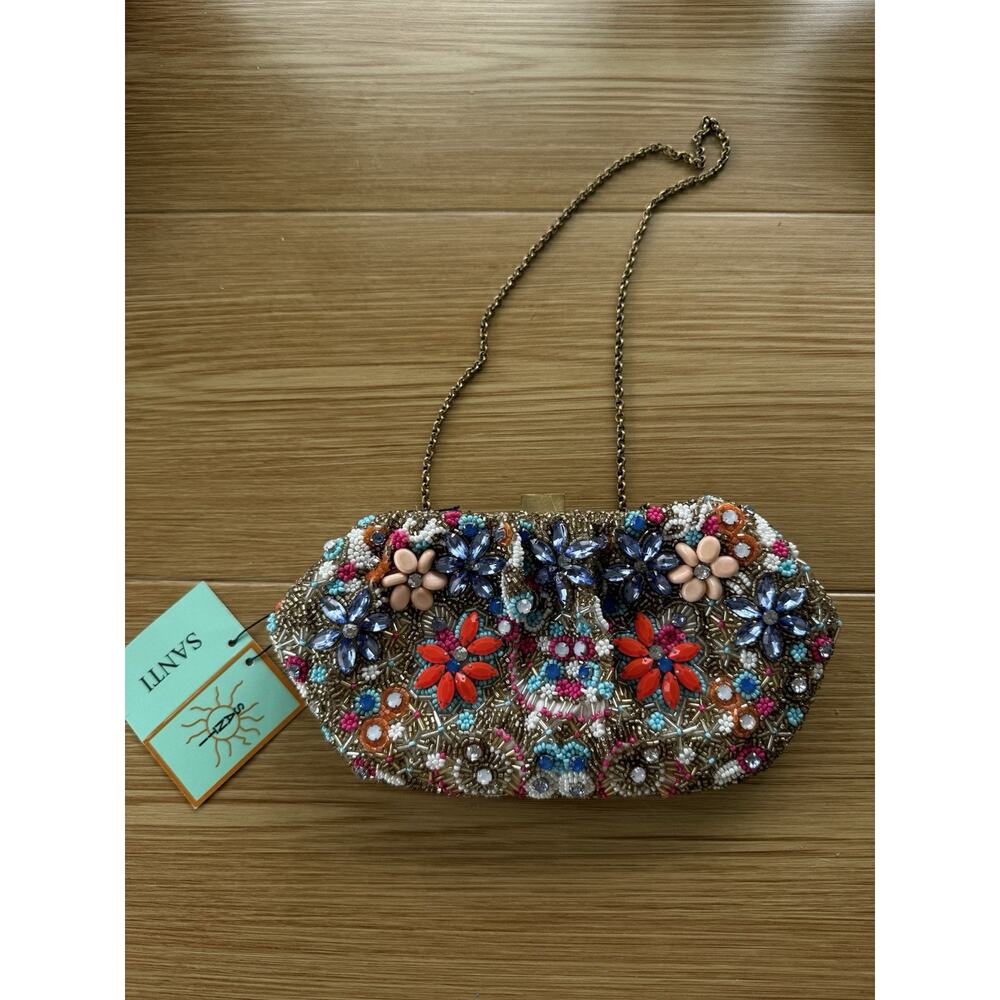 Y2K Vibes SANTI Hand Beaded Floral Clutch with Chain Strap